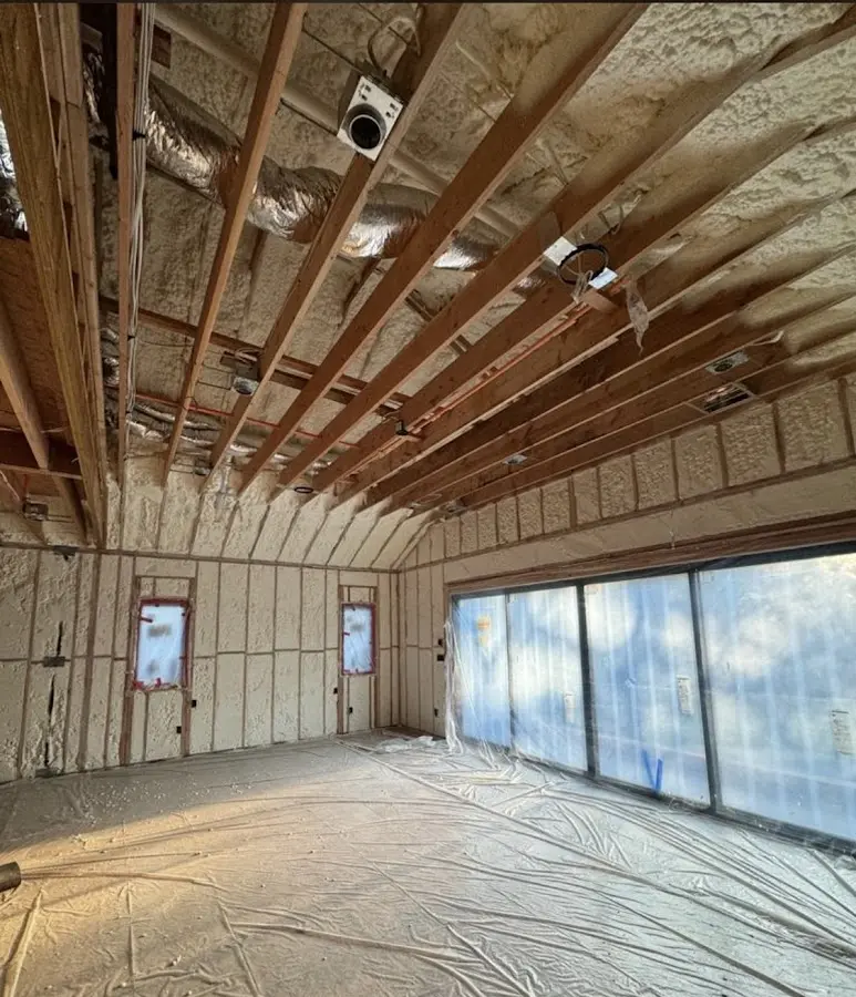 Interior walls and ceiling insulated with spray foam during new construction in Lexington Park